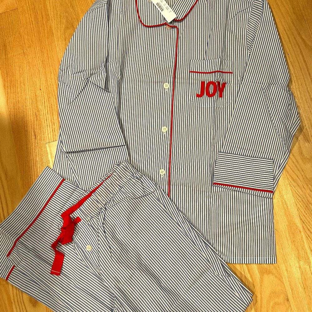 J.Crew NWT Cotton Poplin Pajamas with Holiday themed JOY